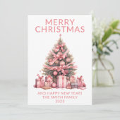 ピンクのクリスマスツリーのフォトホリデーカード 招待状 (スタンド正面)