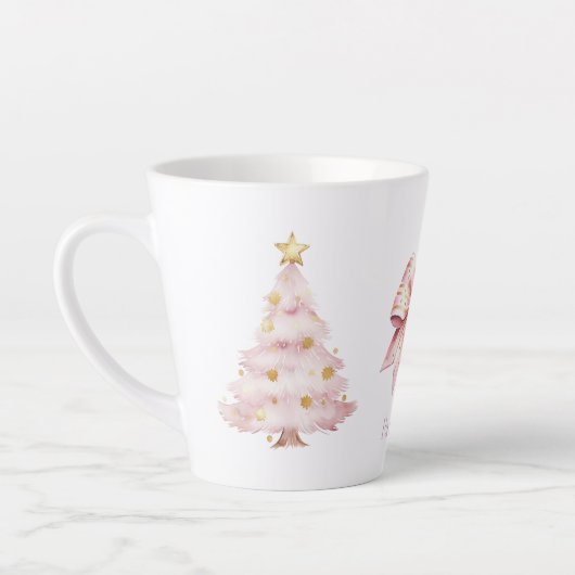 ピンクのクリスマスツリーのリボン カフェラテマグ (左)