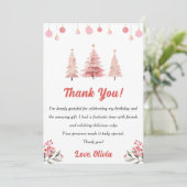 ピンクのクリスマスツリーの誕生日パーティーお礼カード 招待状 (スタンド正面)