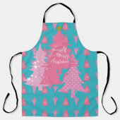 ピンクのクリスマスツリーを持つ青 エプロン (正面)