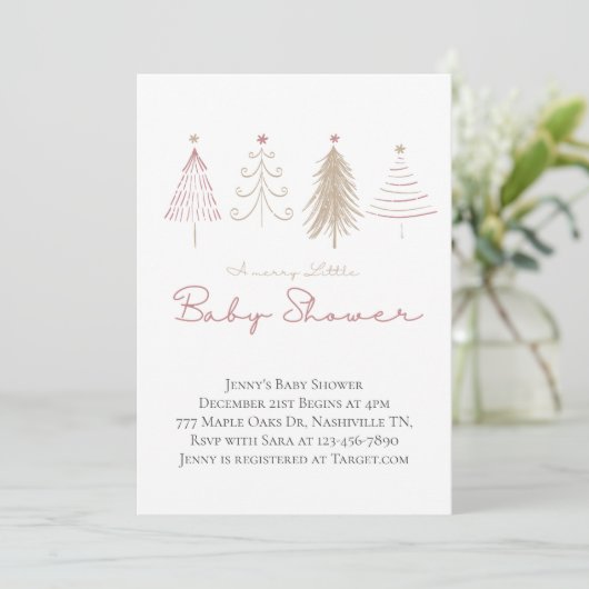 ピンクのクリスマスツリーウィンターパインズベビーシャワー 招待状 (スタンド正面)