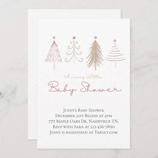 ピンクのクリスマスツリーウィンターパインズベビーシャワー 招待状 (正面/裏面)
