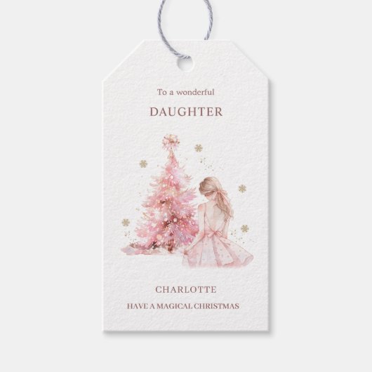 ピンクのクリスマスツリーガール ギフトタグ (正面)