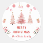 ピンクのクリスマスツリークリスマスパーティー ラウンドシール (正面)