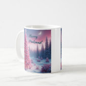 ピンクのクリスマスツリーシーンコーヒーカップ コーヒーマグカップ (正面左)