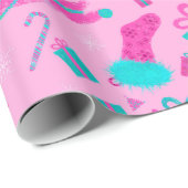 ピンクのクリスマスツリーストッキングキャンディーケーンプレゼント ラッピングペーパー (ロールコーナー)