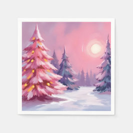 ピンクのクリスマスツリーパステルウィンター水彩画 スタンダードカクテルナプキン