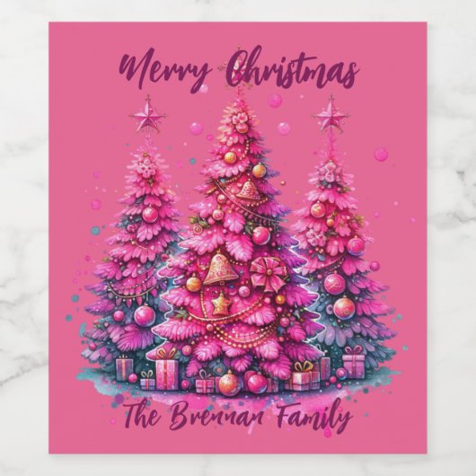 ピンクのクリスマスツリーパーソナライズされたファミリー ワインラベル (シングルラベル)
