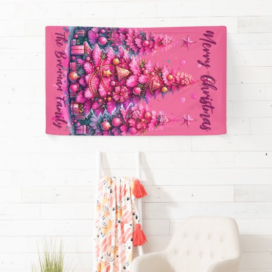 ピンクのクリスマスツリーパーソナライズされたファミリー 横断幕 (インサイチュ)