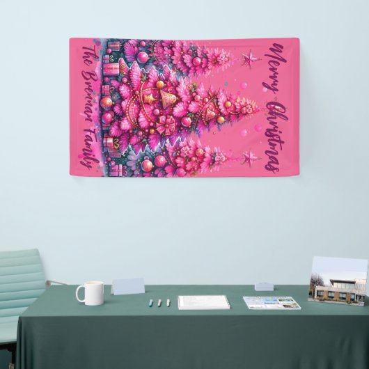 ピンクのクリスマスツリーパーソナライズされたファミリー 横断幕 (トレードショー)