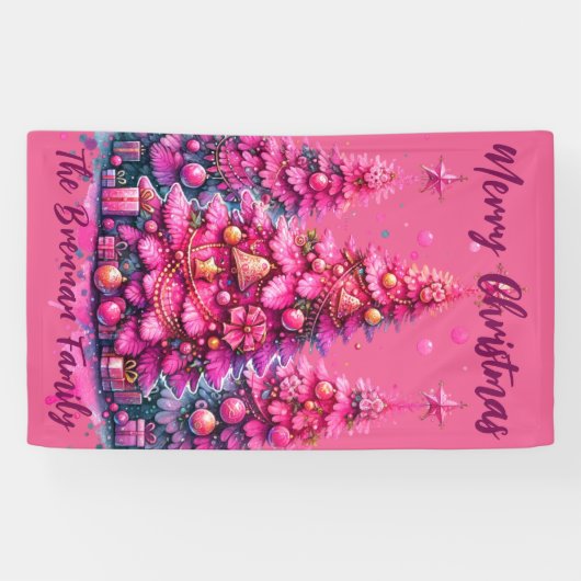 ピンクのクリスマスツリーパーソナライズされたファミリー 横断幕 (横)