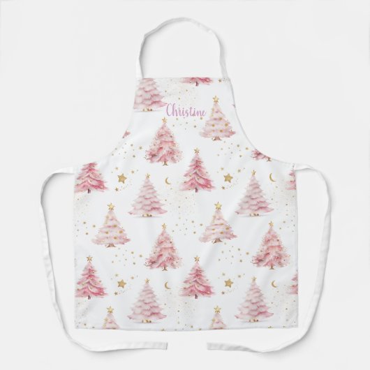 ピンクのクリスマスツリーパーソナライズされた エプロン (正面)