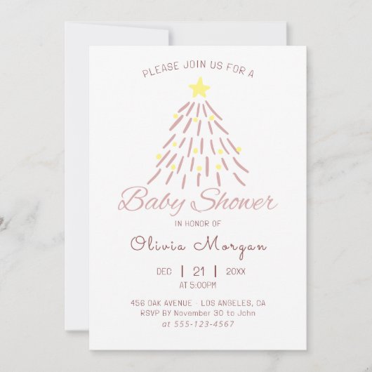 ピンクのクリスマスツリー冬の女の子ベビーシャワー 招待状 (正面)