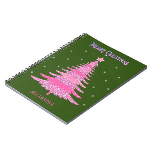 ピンクのクリスマスツリー名カスタム緑 ノートブック (左側)