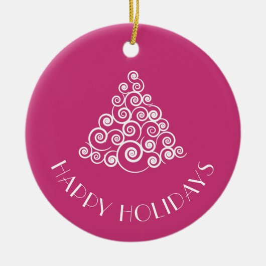 ピンクのクリスマスツリー幸せな休日パーソナライズされた セラミックオーナメント (正面)