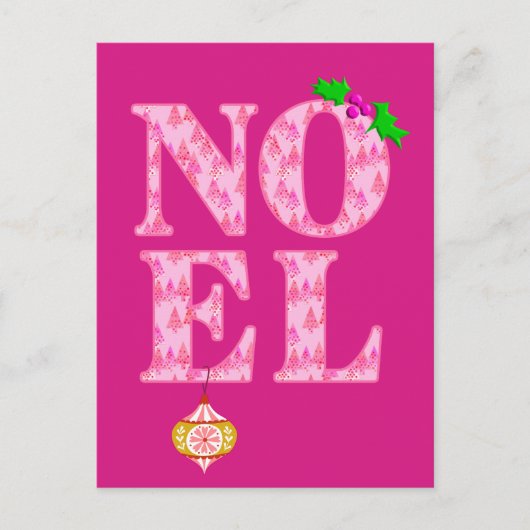 ピンクのクリスマスツリー柄のNOEL シーズンポストカード (正面)