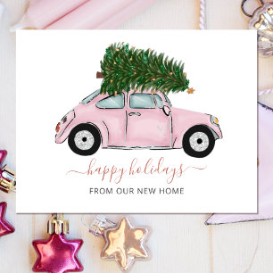 ピンクのクリスマスツリー車Weve移動ホリデームービング ポストカード