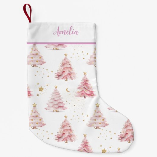 ピンクのクリスマスツリー スモールクリスマスストッキング (正面)