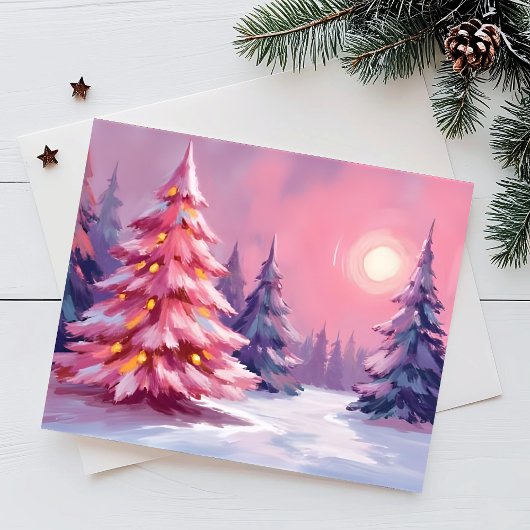 ピンクのクリスマスツリー パステルウィンター水彩画 シーズンカード