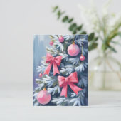 ピンクのクリスマスツリー | リボン 飾り 水彩画 シーズンカード (スタンド正面)