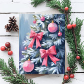 ピンクのクリスマスツリー | リボン 飾り 水彩画 シーズンカード