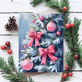 ピンクのクリスマスツリー | リボン 飾り 水彩画 シーズンカード