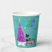 ピンクのクリスマスツリー 黒猫のラッピングギフト ティール 紙コップ (裏面)