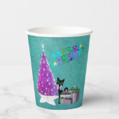 ピンクのクリスマスツリー 黒猫のラッピングギフト ティール 紙コップ (正面)