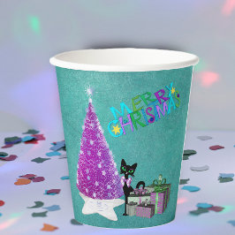 ピンクのクリスマスツリー 黒猫のラッピングギフト ティール 紙コップ