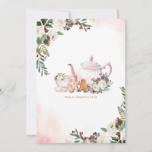 ピンクのクリスマスティーツーウィンター誕生日 招待状 (裏面)