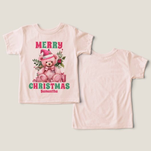 ピンクのクリスマステディベアパーソナライズされた名 (デザイン正面&裏面)