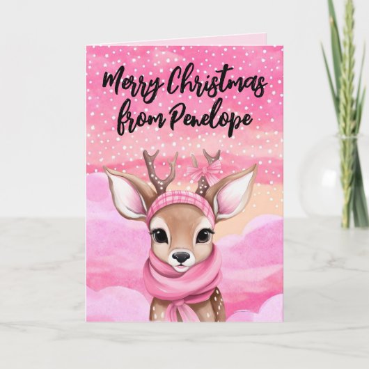 ピンクのクリスマストナカイパーソナライズされたキュート シーズンカード (正面)
