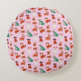 ピンクのクリスマスドッグズラウンドスロー ラウンドクッション