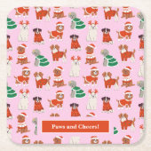 ピンクのクリスマスドッグパーソナライズされたズポーズと応援 スクエアペーパーコースター (正面)