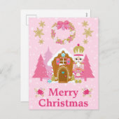 ピンクのクリスマスナツクラッカーとジンジャーブレッドハウス シーズンポストカード (正面/裏面)
