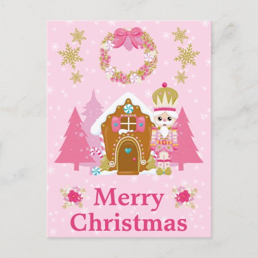 ピンクのクリスマスナツクラッカーとジンジャーブレッドハウス シーズンポストカード (正面)