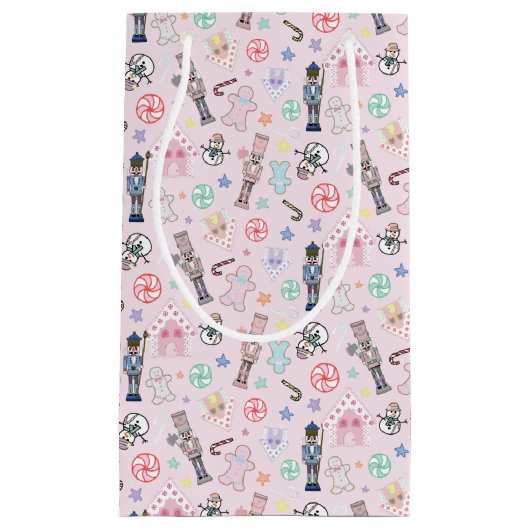 ピンクのクリスマスナツクラッカー、ジンジャーパン&雪だるま スモールペーパーバッグ (正面)