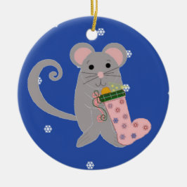 ピンクのクリスマスネズミ セラミックオーナメント