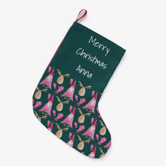 ピンクのクリスマスノームと手袋をはめたトナカイ スモールクリスマスストッキング (正面 (吊り時))