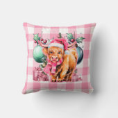 ピンクのクリスマスハイランド牛メリークリスマスプレイド クッション (裏面)