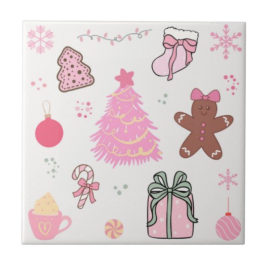 ピンクのクリスマスパターン タイル (正面)