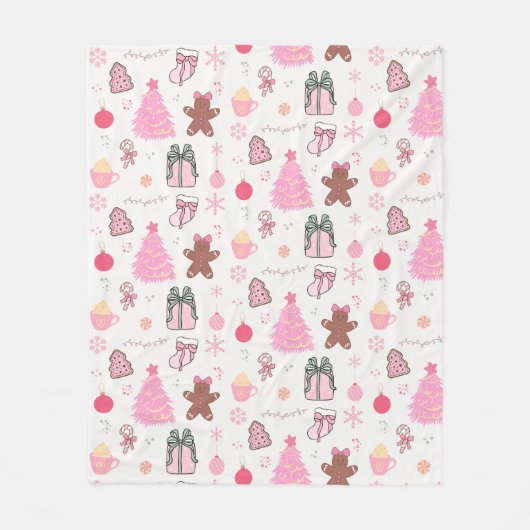 ピンクのクリスマスパターン フリースブランケット (正面)