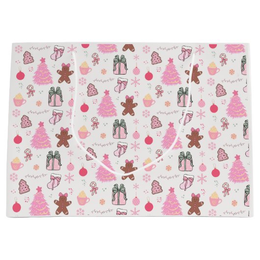 ピンクのクリスマスパターン ラージペーパーバッグ (正面)
