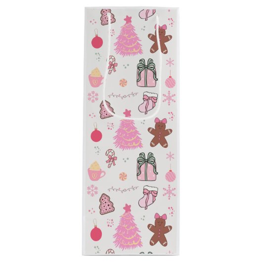 ピンクのクリスマスパターン ワインギフトバッグ (正面)