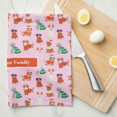 ピンクのクリスマスパーソナライズされた犬 キッチンタオル (四つ折り)