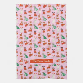 ピンクのクリスマスパーソナライズされた犬 キッチンタオル