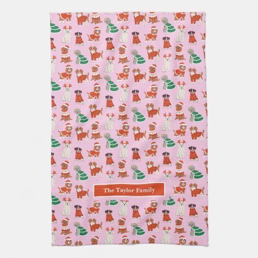 ピンクのクリスマスパーソナライズされた犬 キッチンタオル (縦)
