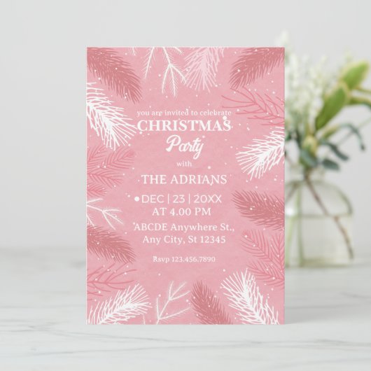 ピンクのクリスマスパーティーと松葉の木 招待状 (スタンド正面)