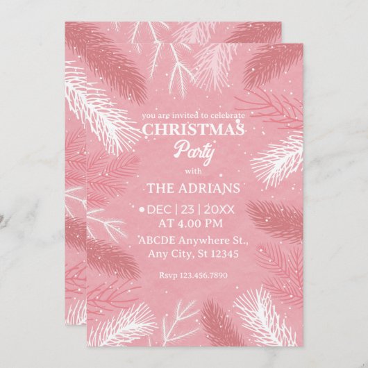 ピンクのクリスマスパーティーと松葉の木 招待状 (正面/裏面)