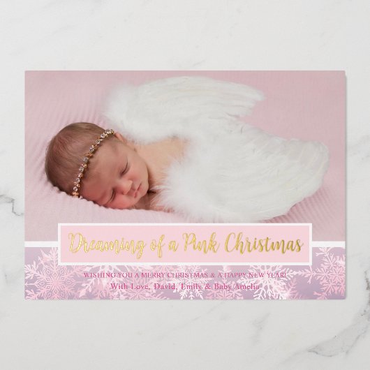 ピンクのクリスマスフォトスノーフレーク初めてのクリスマス 箔シーズンカード (正面)